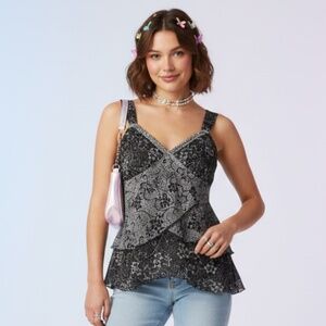 NY City Design Y2K Chiffon Babydoll Tiered Black Cami, M Whimsigoth Fairy